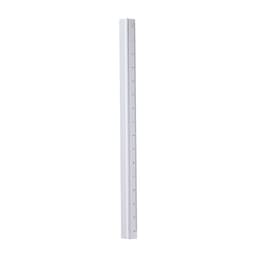 A ruler in white with measurement markings on one edge and a branding logo on the side.