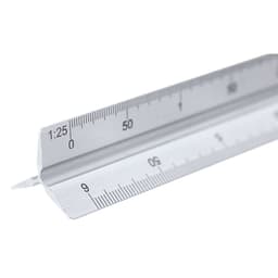 A silver metal ruler with metric measurements and a logo on one side.