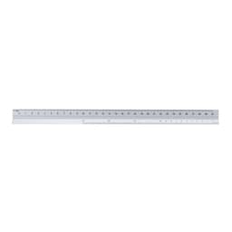 A ruler in silver and white, featuring measurements in metric and imperial units, with a logo present.