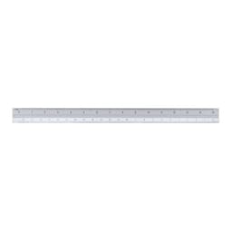 A clear plastic ruler with measurements marked in millimetres and inches, featuring a branding logo.