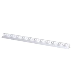 A ruler in silver with black markings, featuring a logo on one side.
