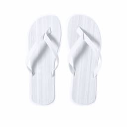 White flip flops with textured straps and soles, featuring a logo on one of the sandals.