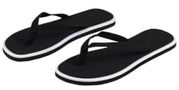 A pair of black flip flops with white accents and a branded logo on the strap.