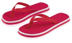 Red flip flops with a white trim and woven straps, featuring a logo on the sole.