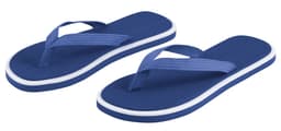 Navy blue flip flops with a woven strap, featuring a contrasting white sole and a simple design.