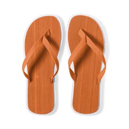 An orange pair of thongs with textured straps and white soles, featuring a simple design.