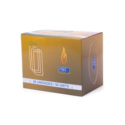 A box of plain lighters, featuring a simple design and a logo, in a gold and beige colour scheme.