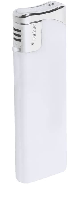 A plain white lighter with a silver top and a small logo.