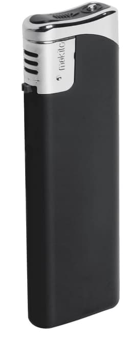 A plain black lighter with a silver top and an integrated logo.