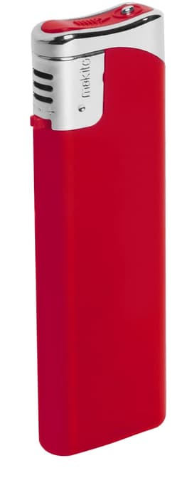 A red lighter with a silver top, featuring a logo on the side.