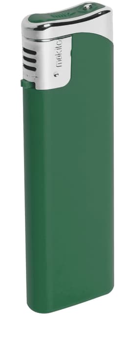 A green plain lighter with a silver metallic top and a logo on the side.