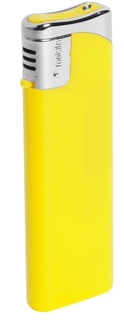 A yellow lighter with a shiny silver top, featuring a logo on the side.