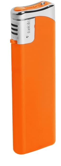 An orange plain lighter with a metallic top and a logo.