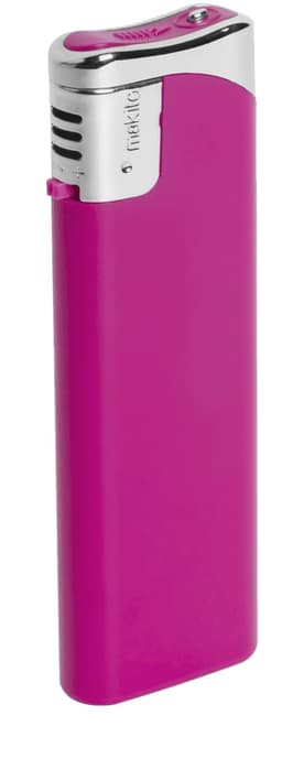 A pink lighter with a silver top and a logo, designed for personal use.