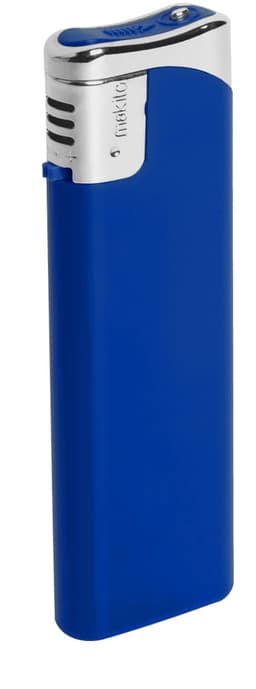 A blue lighter with a chrome top, featuring a sleek design and a logo on the side.