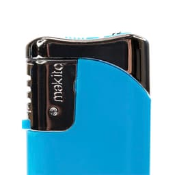 A blue plain lighter with a shiny silver top and branding on the side.