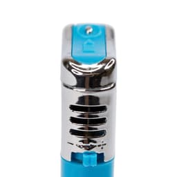 A blue lighter with a metallic top, featuring vents and a blue button for ignition. It has a branding logo on it.