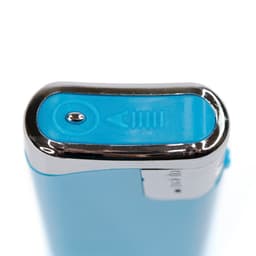A blue lighter with a shiny silver top, featuring a button and a logo.