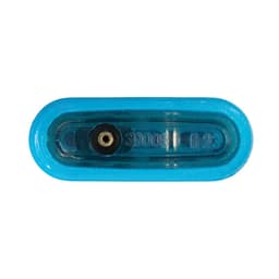 A plain lighter in a blue translucent casing, featuring a small nozzle and a logo.
