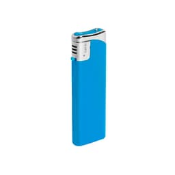 A blue lighter with a shiny silver top and a logo, featuring a sleek design.