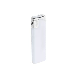 A white lighter with a chrome top and a slim design. The lighter features a logo on its surface.