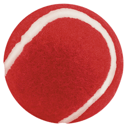A red pet ball with a white stripe, featuring a soft, furry texture. It includes a logo.