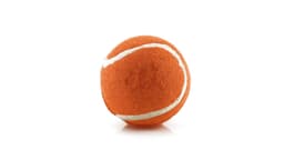 An orange ball with white markings, resembling a tennis ball, featuring a logo on its surface.