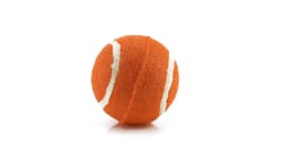 An orange ball resembling a tennis ball, featuring white stripes. The product has a logo on it.