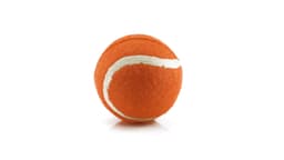 An orange ball resembling a tennis ball, with a white curved stripe, and featuring a logo.