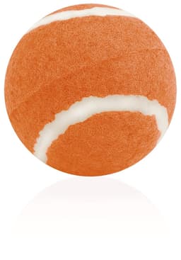 An orange tennis ball with white stripes, featuring a textured surface and a logo.