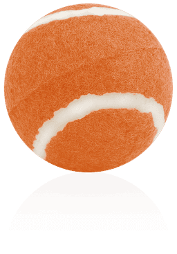 An orange ball with white stripes, designed as a pet accessory. The ball has a fuzzy texture and a round shape.