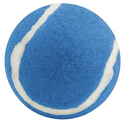 A blue tennis ball with a white stripe, featuring a logo on its surface, designed for pet play.