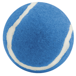 A blue tennis ball with a white stripe, featuring a textured surface. It has a logo present on it.