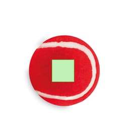 A red tennis ball-shaped pet accessory with a white stripe and a green square in the centre. It features a logo.