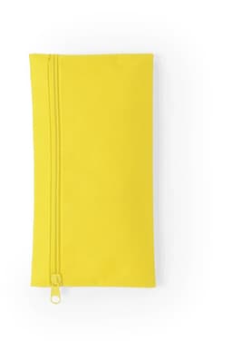 A yellow pencil case with a zipper, featuring a smooth, rectangular design. Includes a logo on the front.