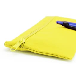 A yellow pencil case with a zip closure and a blue pen resting on top. It features branding on the surface.