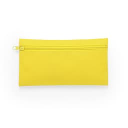 A yellow pencil case with a zip closure, featuring a branding logo.