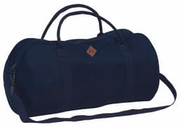 A navy blue duffle bag with dual handles, a shoulder strap, and a logo patch on the side.