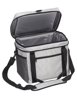 A grey insulated cooler bag with a zippered top and front pocket, featuring black straps and mesh detailing.