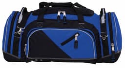A large duffle bag in black and blue, featuring multiple zippers and compartments, with a logo on the front.