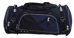 A duffle bag in black and navy blue, featuring multiple zippered compartments and adjustable straps.
