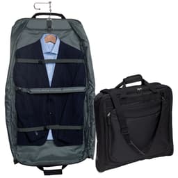 A garment bag in dark green with a navy suit and shirt inside, alongside a black carrying bag. Has a logo.