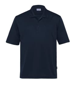 A navy blue men's polo shirt with short sleeves and a collar, featuring a logo.