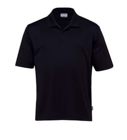 A black men's polo shirt featuring a collar, short sleeves, and a logo on the label.