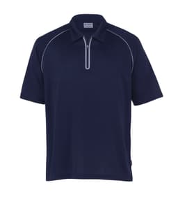 A navy polo shirt with a zip neck and contrasting trim, featuring a logo on the side.
