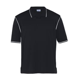 A black polo shirt with white piping, featuring a collar and short sleeves. It has a logo on the chest.