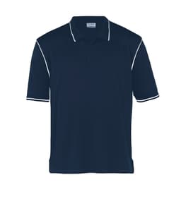 A navy polo shirt with short sleeves and contrasting piping. It features a collar and a branding logo.
