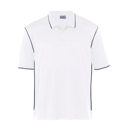 A white polo shirt with navy trim and a logo on the chest. Short sleeves and a classic collar design.