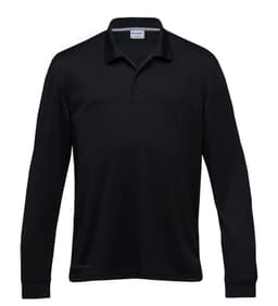 A black long sleeve polo shirt with a collar, featuring a branding logo.