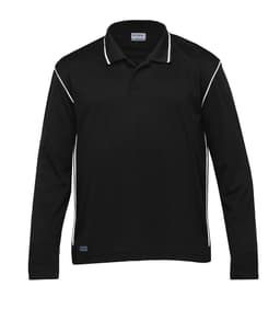 A black long sleeve polo shirt with contrasting white piping and a logo on the side.